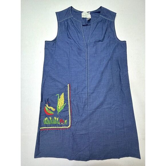 Vtg 60s Lisa‎ Smock Lisanne Chambray Embroidered Dress Medium Corn Farm Midwest - Picture 8 of 8